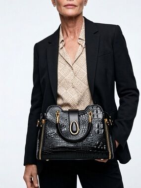 SHEIN Black Croc-Embossed Satchel with Gold Hardware